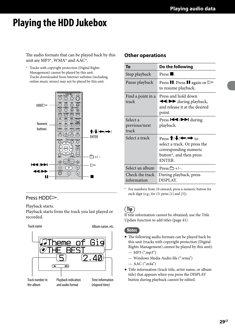 Playing audio data, Playing the hdd jukebox, Press hdd | Other operations | Sony Ericsson NAS-E35HD User Manual | Page 29 / 76