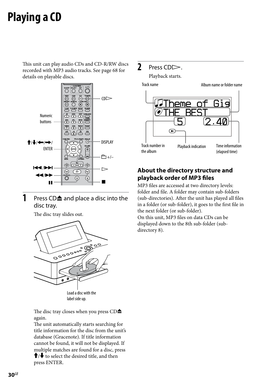 Playing a cd | Sony Ericsson NAS-E35HD User Manual | Page 30 / 76