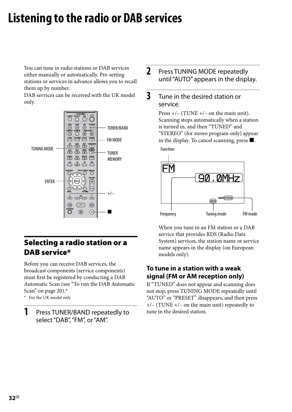 Listening to the radio or dab services, Selecting a radio station or a dab service | Sony Ericsson NAS-E35HD User Manual | Page 32 / 76