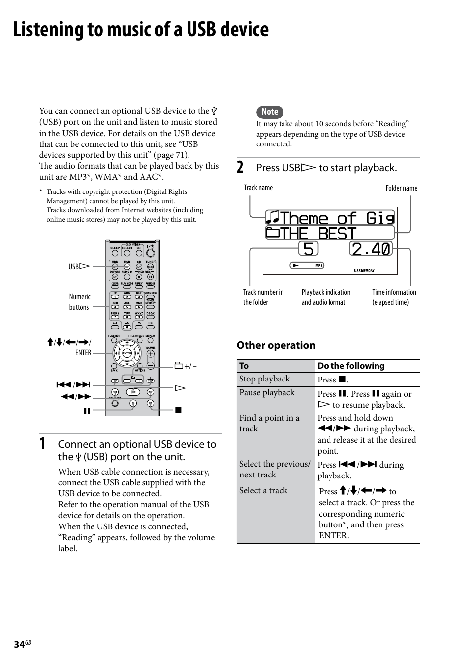 Listening to music of a usb device, Press usb  to start playback, Other operation | Sony Ericsson NAS-E35HD User Manual | Page 34 / 76