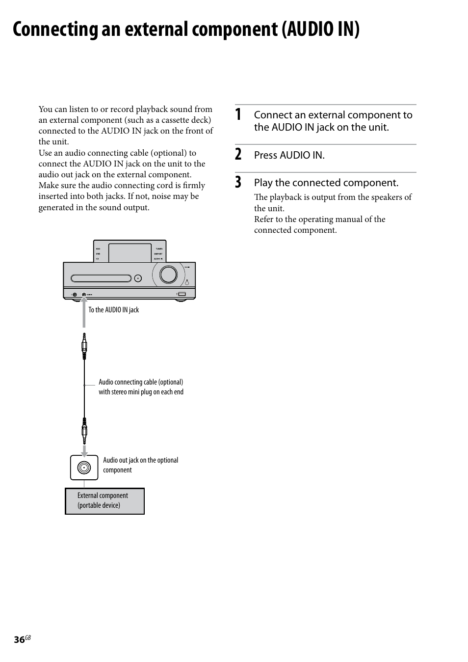 Connecting an external component (audio in) | Sony Ericsson NAS-E35HD User Manual | Page 36 / 76