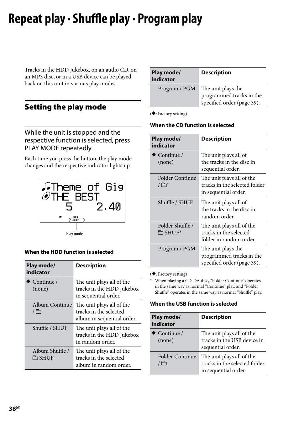 Repeat play · shuffle play · program play, Setting the play mode | Sony Ericsson NAS-E35HD User Manual | Page 38 / 76