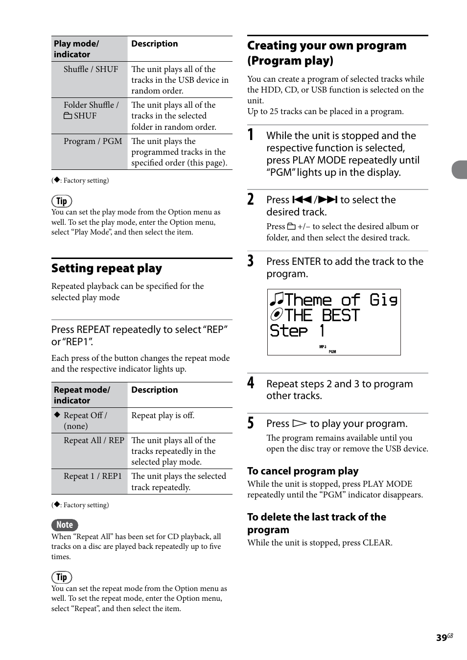 Setting repeat play, Creating your own program (program play) | Sony Ericsson NAS-E35HD User Manual | Page 39 / 76