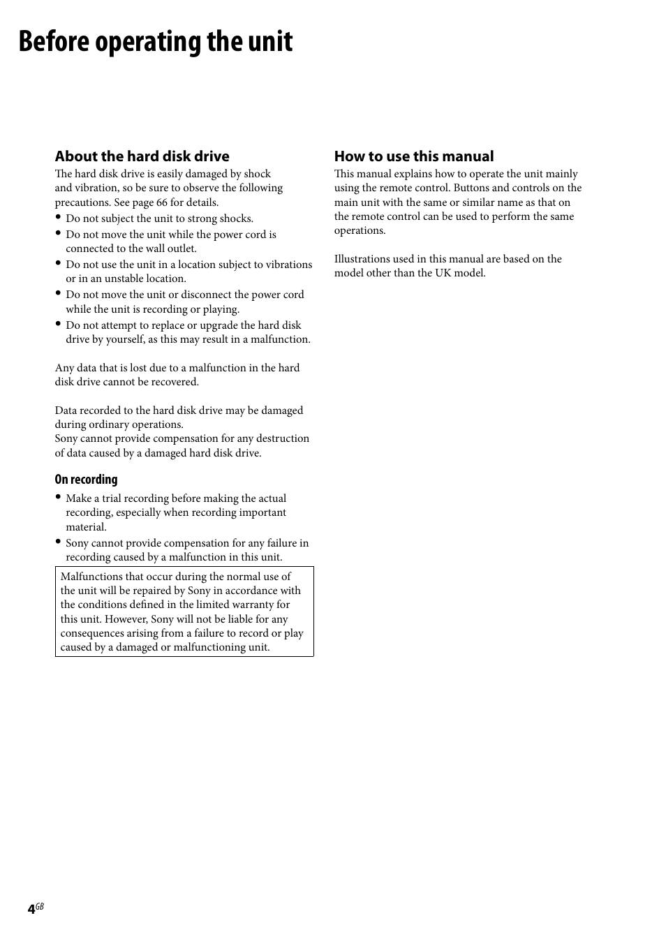 Before operating the unit, About the hard disk drive, How to use this manual | Sony Ericsson NAS-E35HD User Manual | Page 4 / 76