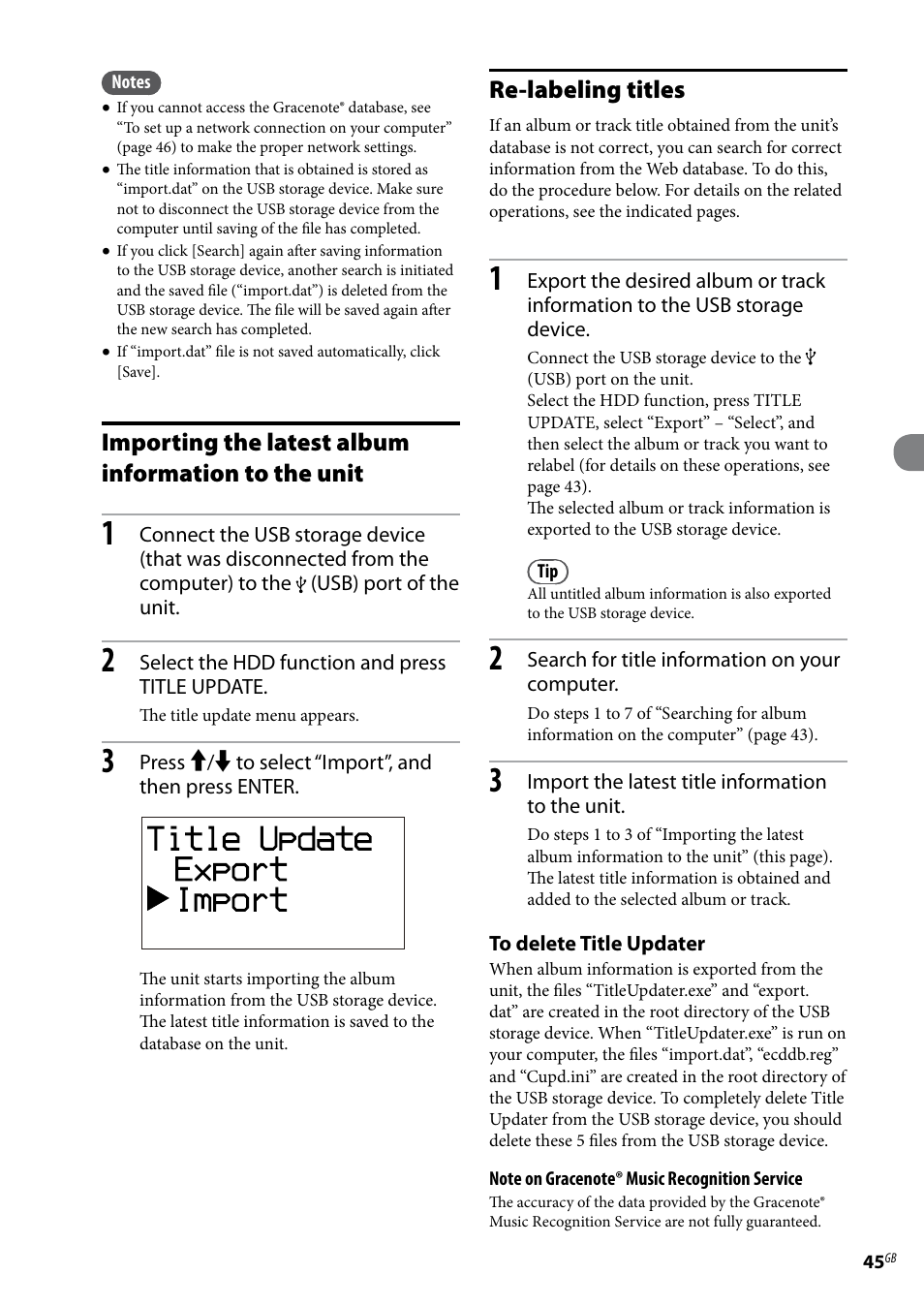 Importing the latest album information to the unit, Re-labeling titles | Sony Ericsson NAS-E35HD User Manual | Page 45 / 76