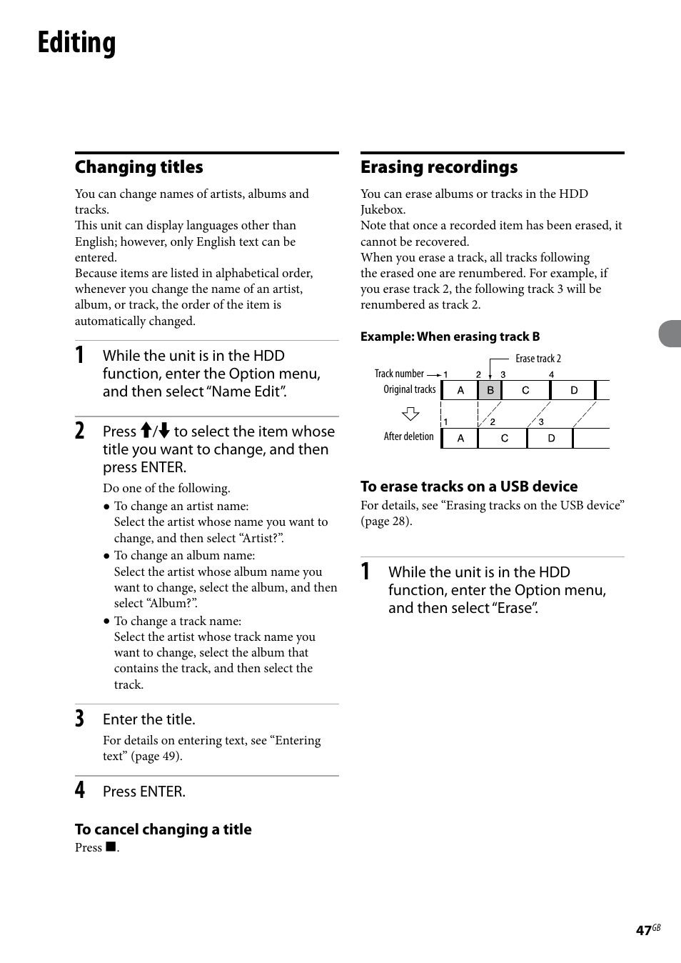 Editing, Changing titles, Erasing recordings | Sony Ericsson NAS-E35HD User Manual | Page 47 / 76