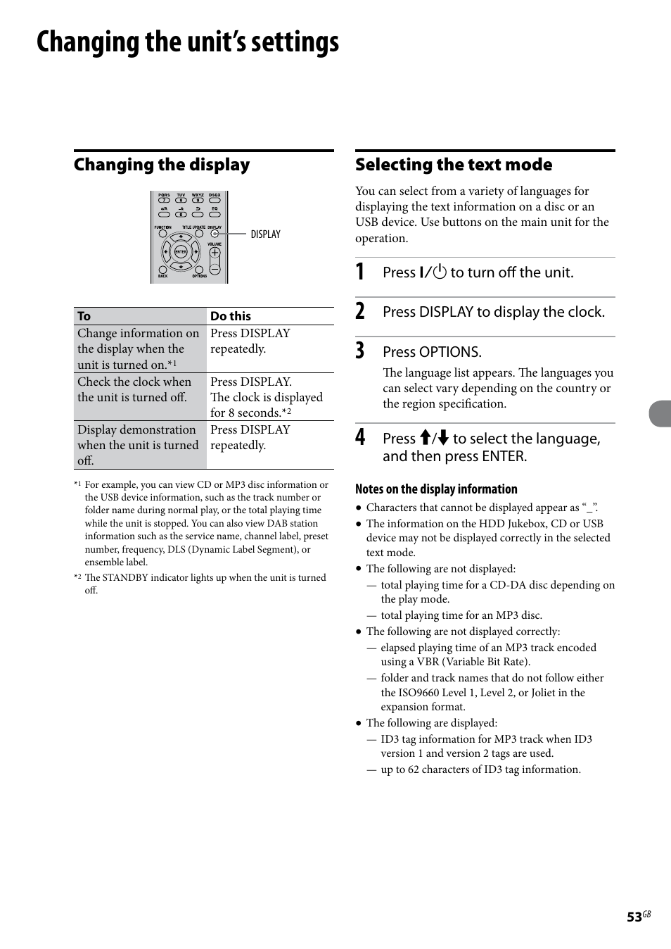 Changing the unit’s settings, Changing the display, Selecting the text mode | Press  to turn off the unit, Press display to display the clock, Press options | Sony Ericsson NAS-E35HD User Manual | Page 53 / 76