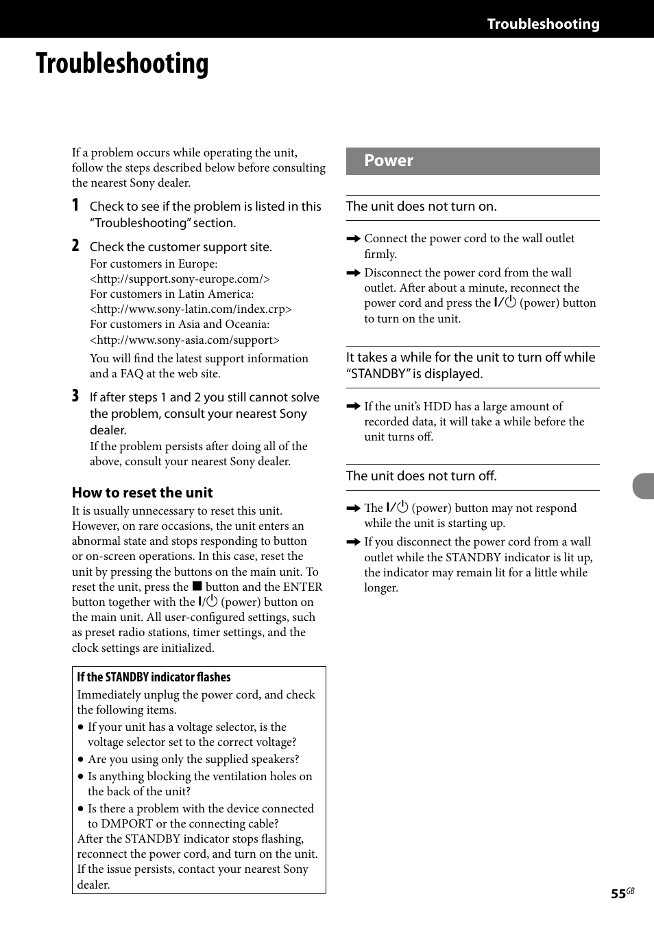 Troubleshooting, Power | Sony Ericsson NAS-E35HD User Manual | Page 55 / 76