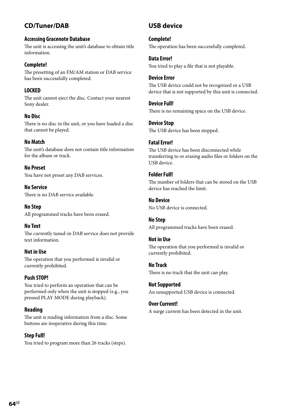 Cd/tuner/dab, Usb device | Sony Ericsson NAS-E35HD User Manual | Page 64 / 76