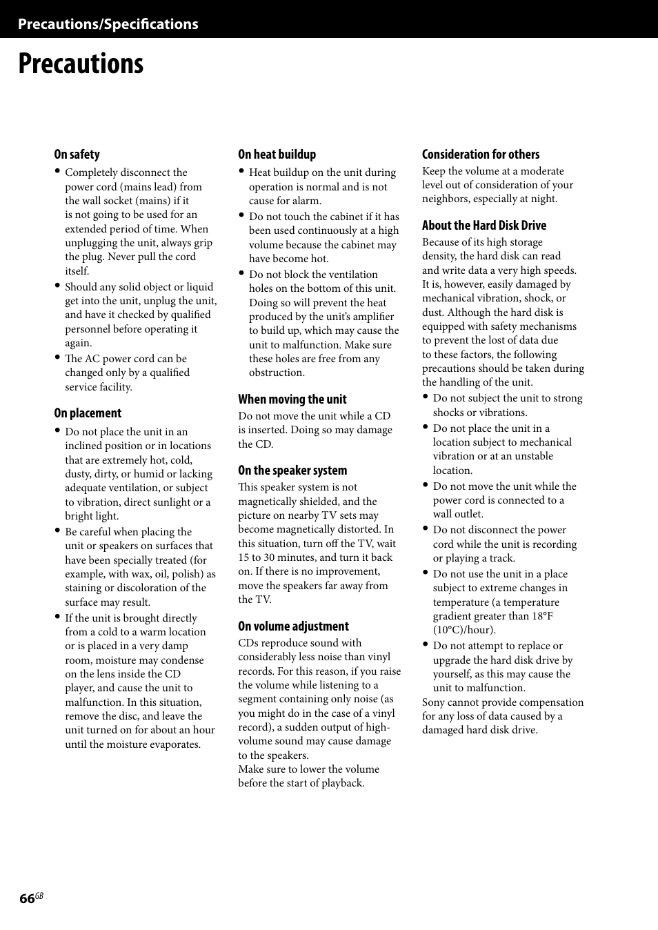 Precautions/specifications, Precautions, Precautions/ specifications | On safety, On placement, On heat buildup, When moving the unit, On the speaker system, On volume adjustment, Consideration for others | Sony Ericsson NAS-E35HD User Manual | Page 66 / 76