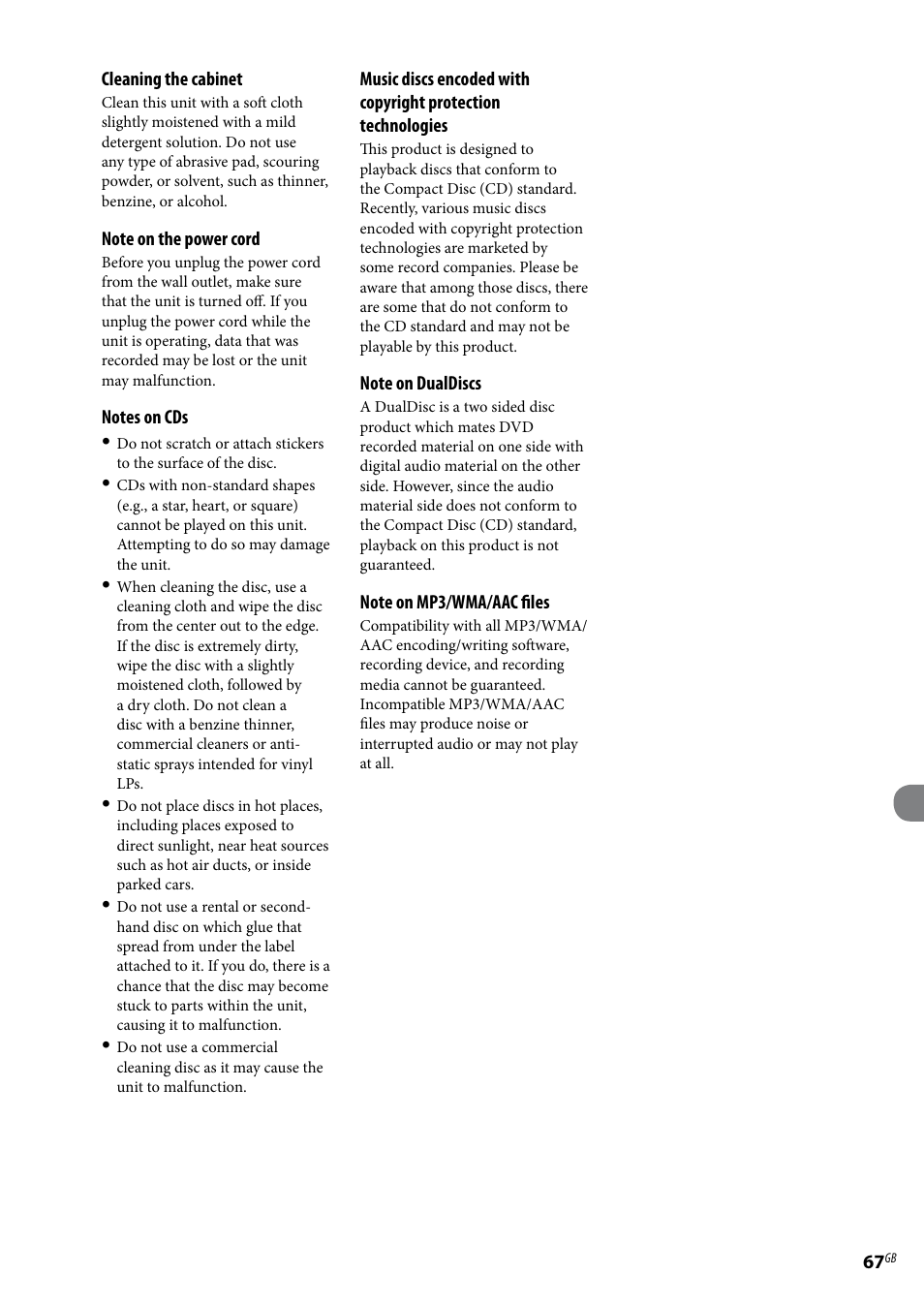 Cleaning the cabinet | Sony Ericsson NAS-E35HD User Manual | Page 67 / 76