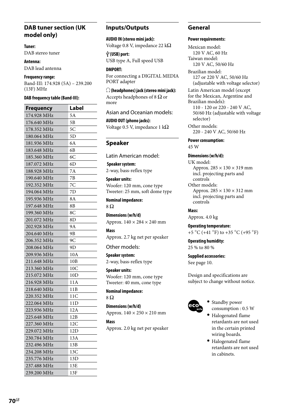 Inputs/outputs, Speaker, General | Sony Ericsson NAS-E35HD User Manual | Page 70 / 76