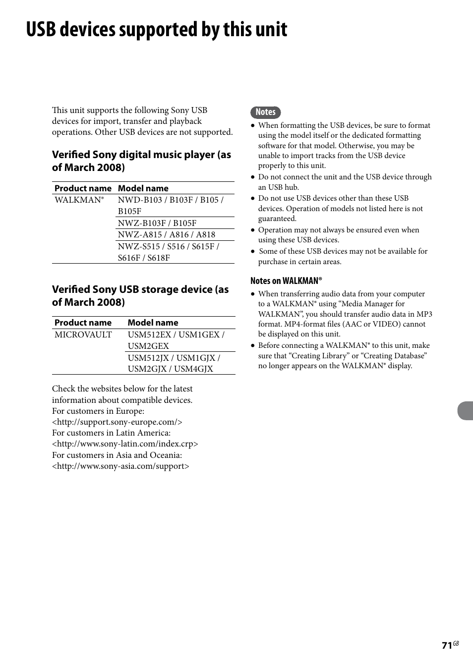 Usb devices supported by this unit | Sony Ericsson NAS-E35HD User Manual | Page 71 / 76