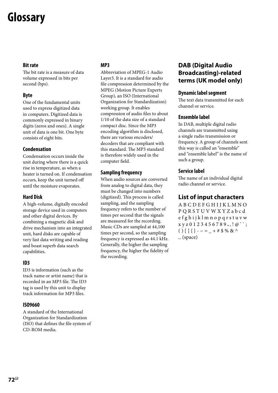 Glossary, List of input characters | Sony Ericsson NAS-E35HD User Manual | Page 72 / 76