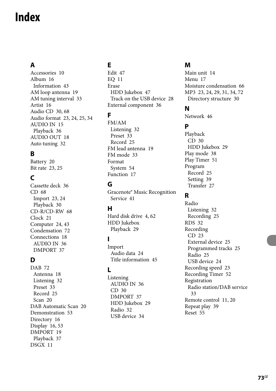 Index | Sony Ericsson NAS-E35HD User Manual | Page 73 / 76