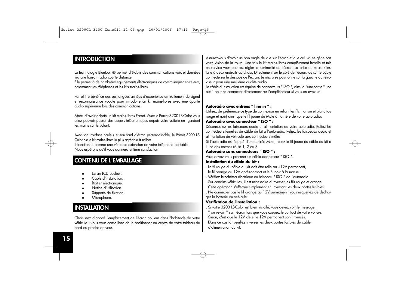 15 introduction, Contenu de l'emballage, Installation | Sony Ericsson 3200 LS-Color User Manual | Page 15 / 80