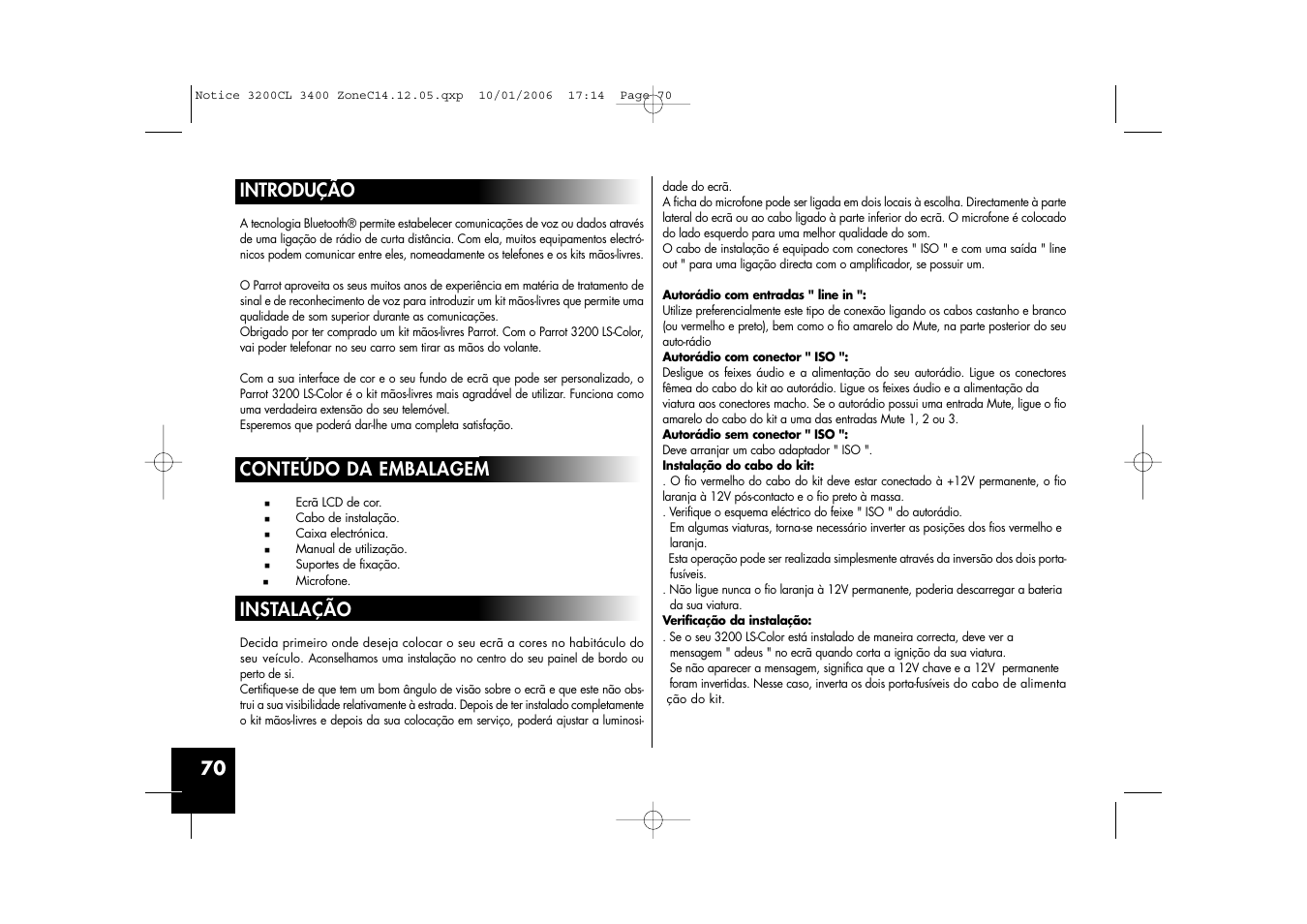 70 introdução, Conteúdo da embalagem, Instalação | Sony Ericsson 3200 LS-Color User Manual | Page 70 / 80