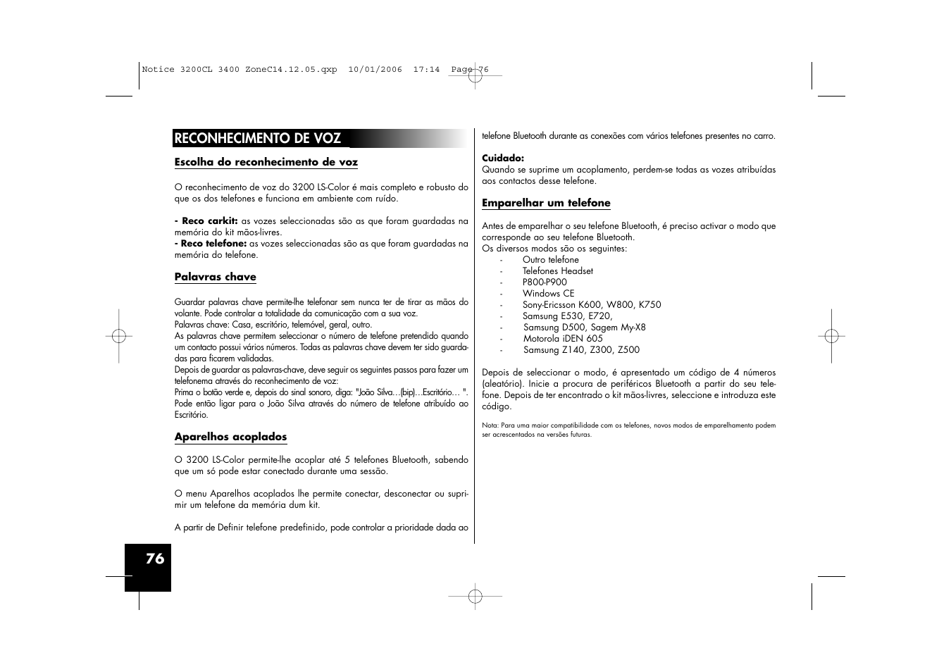 76 reconhecimento de voz | Sony Ericsson 3200 LS-Color User Manual | Page 76 / 80