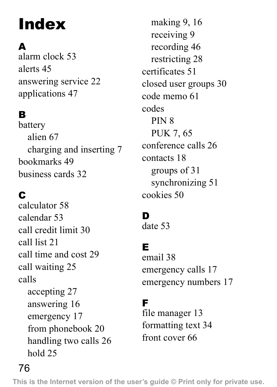 Index | Sony Ericsson J300a User Manual | Page 77 / 80