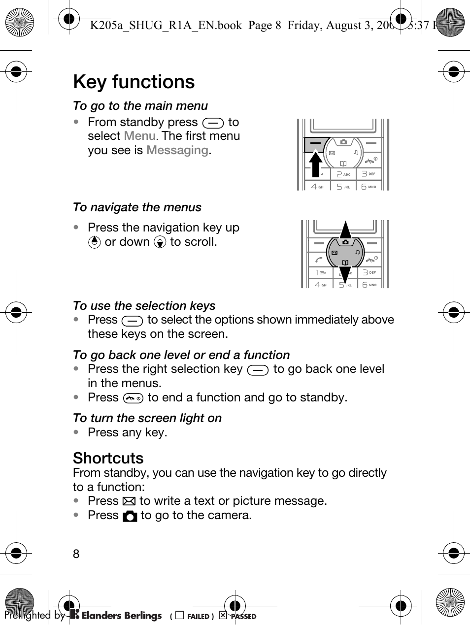 Key functions, Shortcuts | Sony Ericsson K205 User Manual | Page 10 / 48