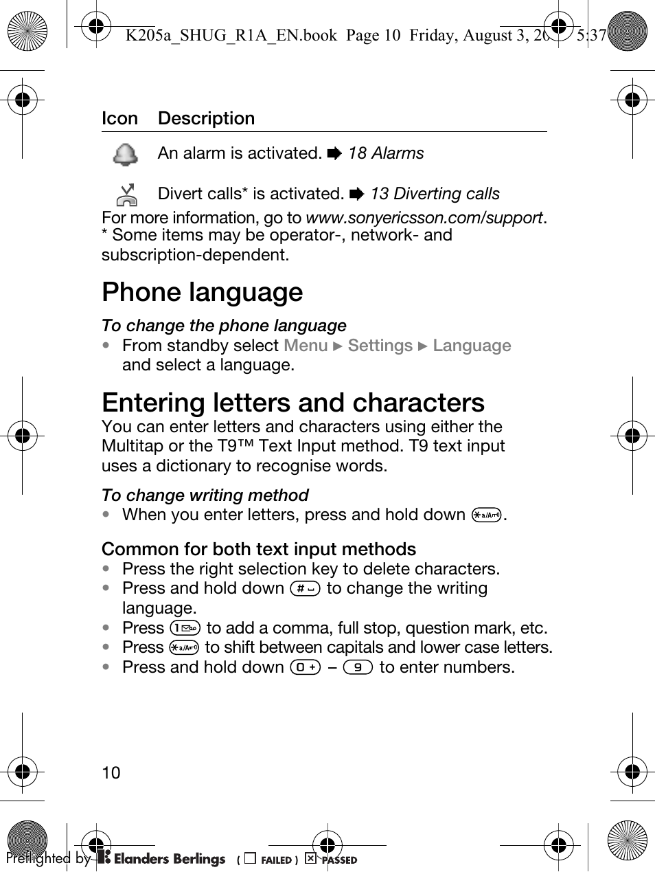 Phone language, Entering letters and characters | Sony Ericsson K205 User Manual | Page 12 / 48
