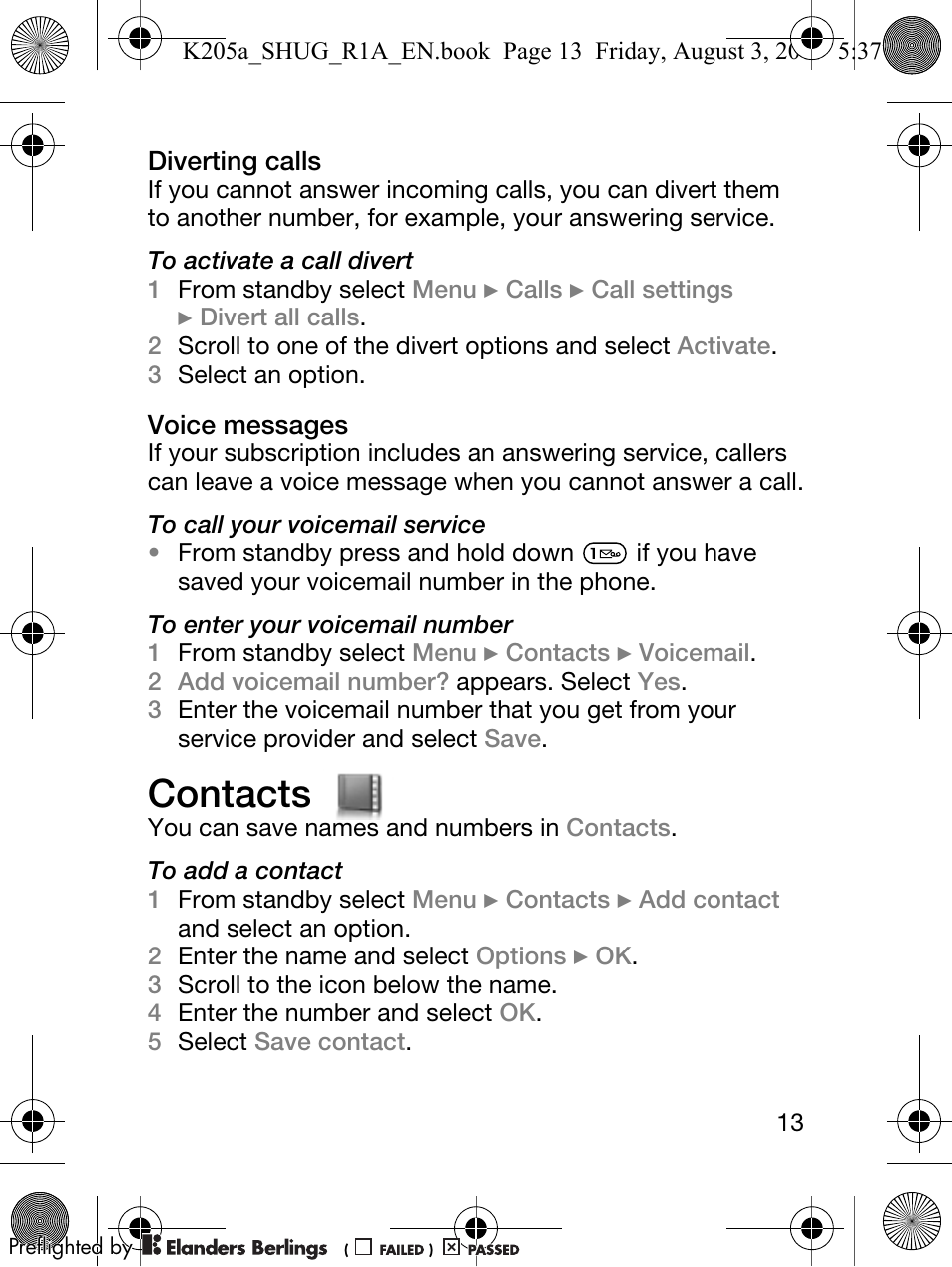 Contacts | Sony Ericsson K205 User Manual | Page 15 / 48