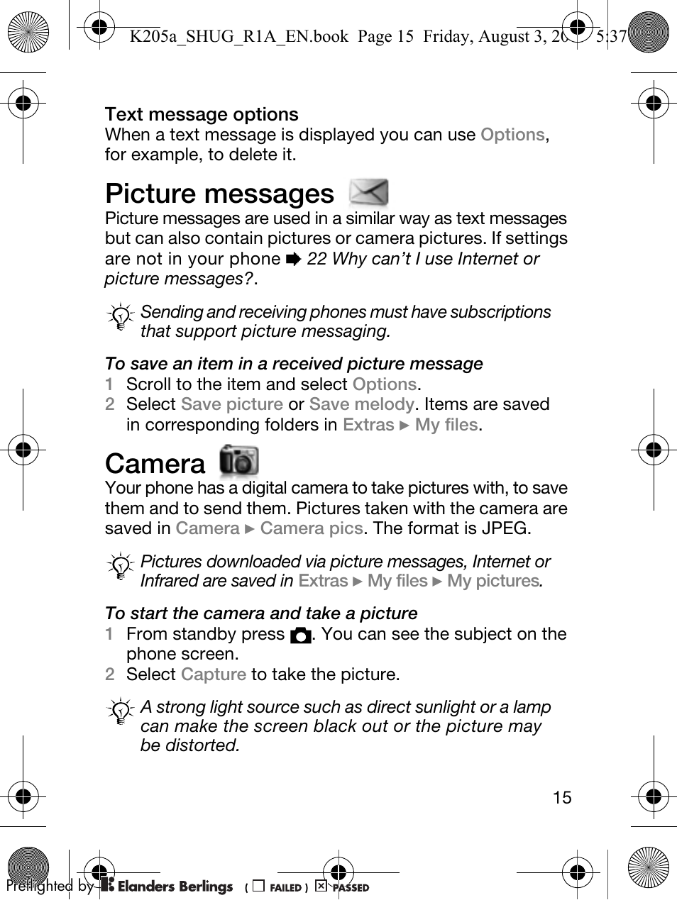 Picture messages, Camera | Sony Ericsson K205 User Manual | Page 17 / 48