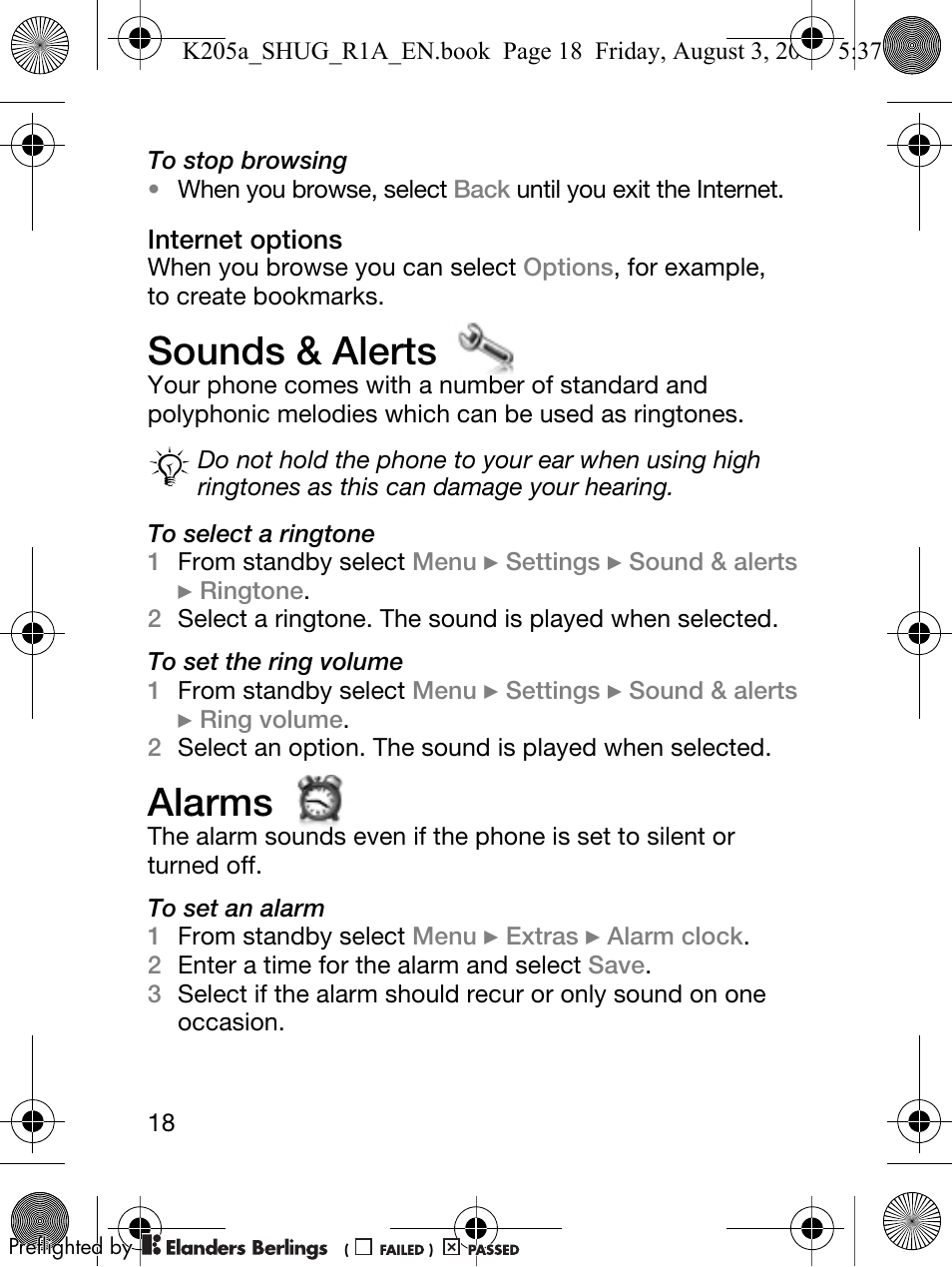 Sounds & alerts, Alarms | Sony Ericsson K205 User Manual | Page 20 / 48