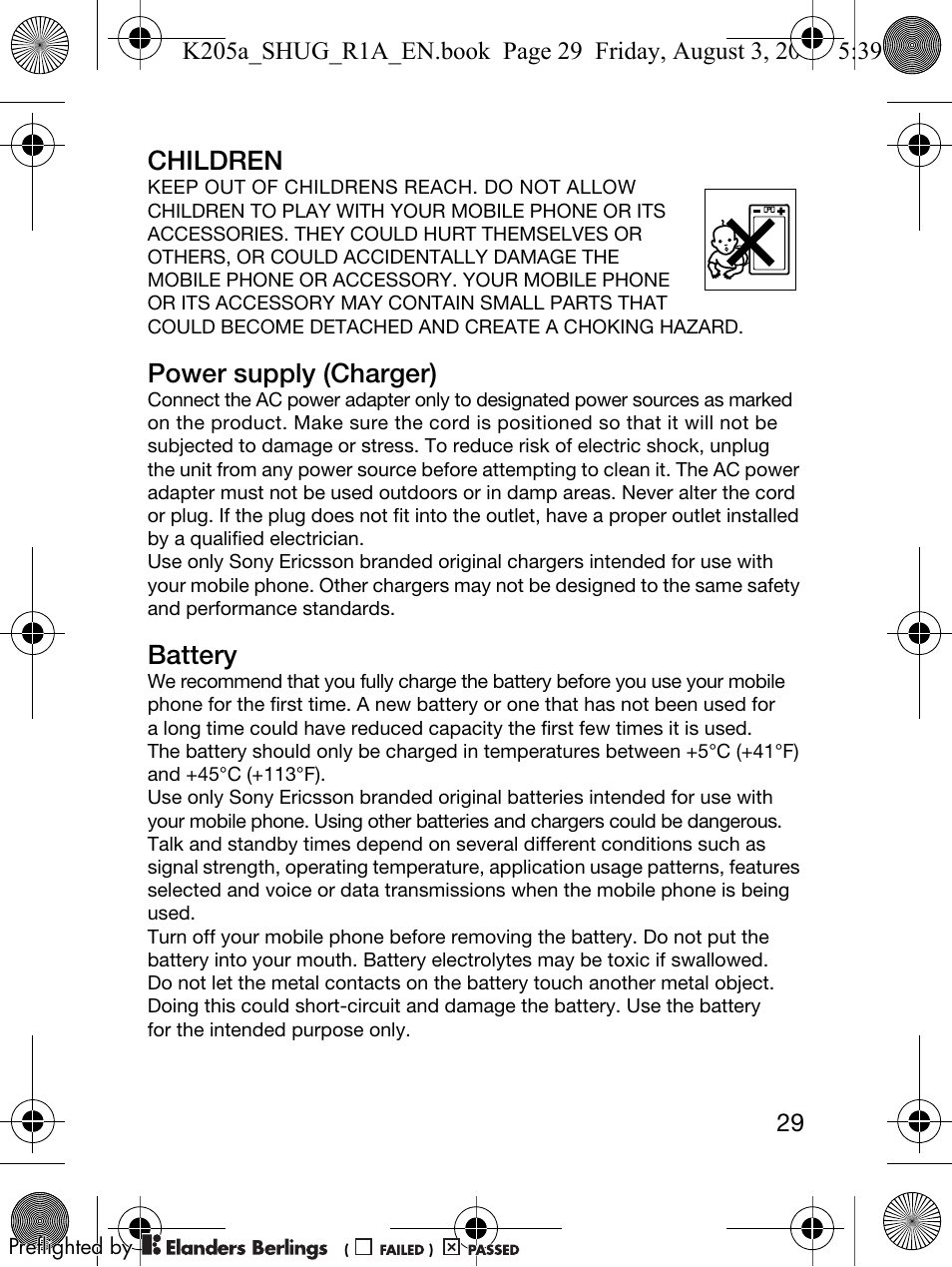 Children, Power supply (charger), Battery | Sony Ericsson K205 User Manual | Page 31 / 48