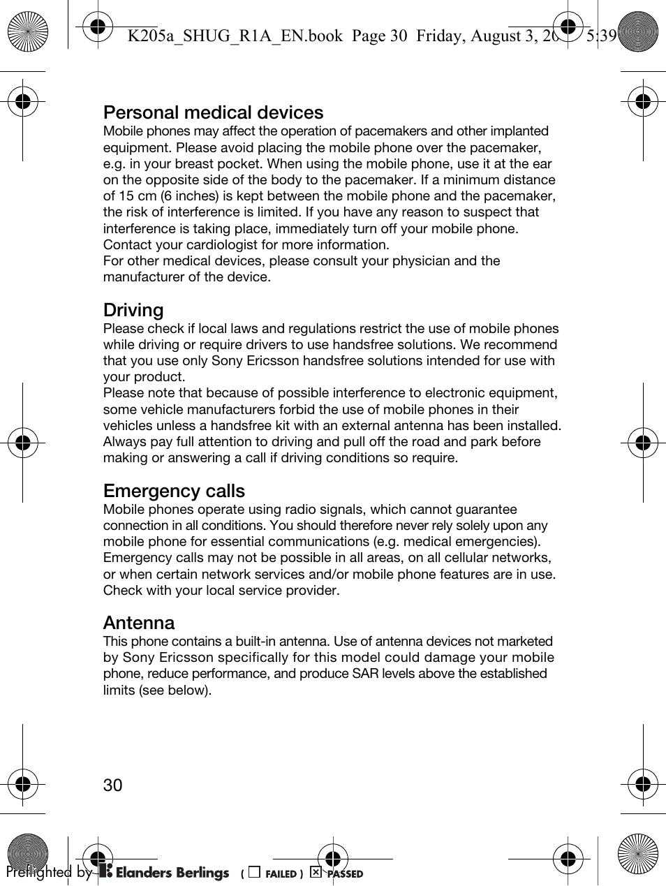 Personal medical devices, Driving, Emergency calls | Antenna | Sony Ericsson K205 User Manual | Page 32 / 48