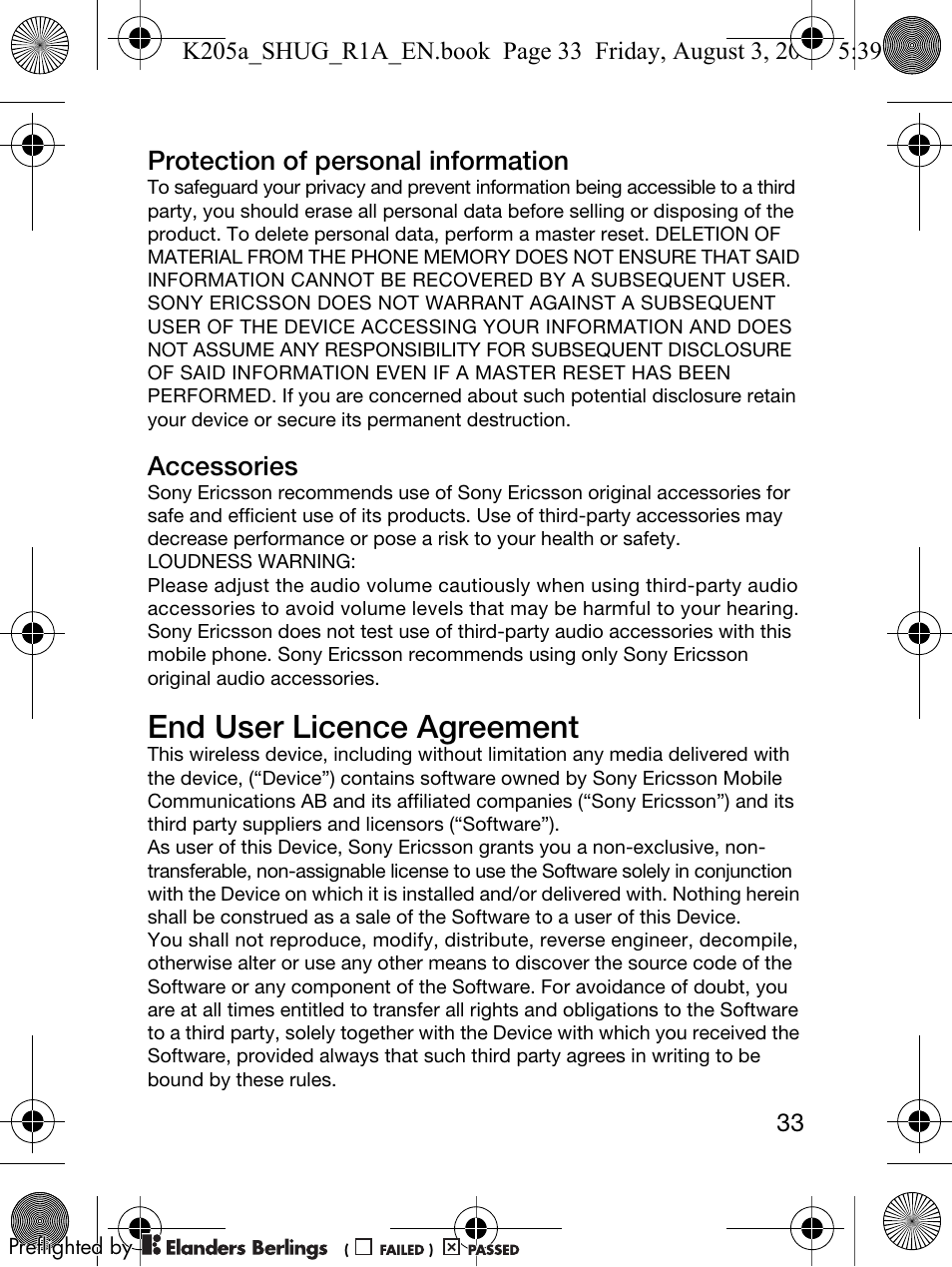 End user licence agreement, Protection of personal information, Accessories | Sony Ericsson K205 User Manual | Page 35 / 48