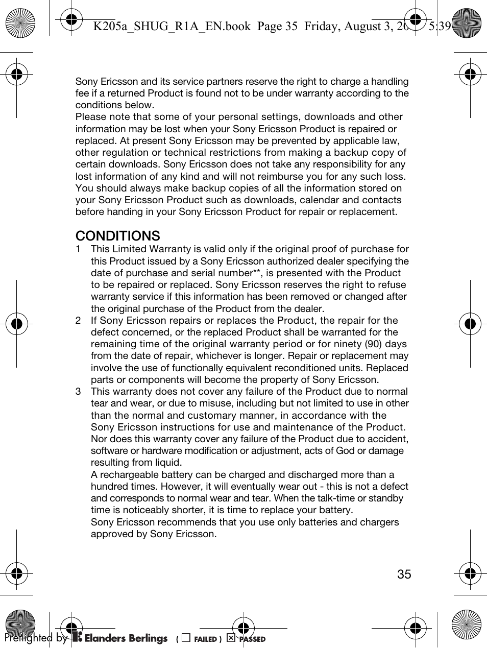 Conditions | Sony Ericsson K205 User Manual | Page 37 / 48