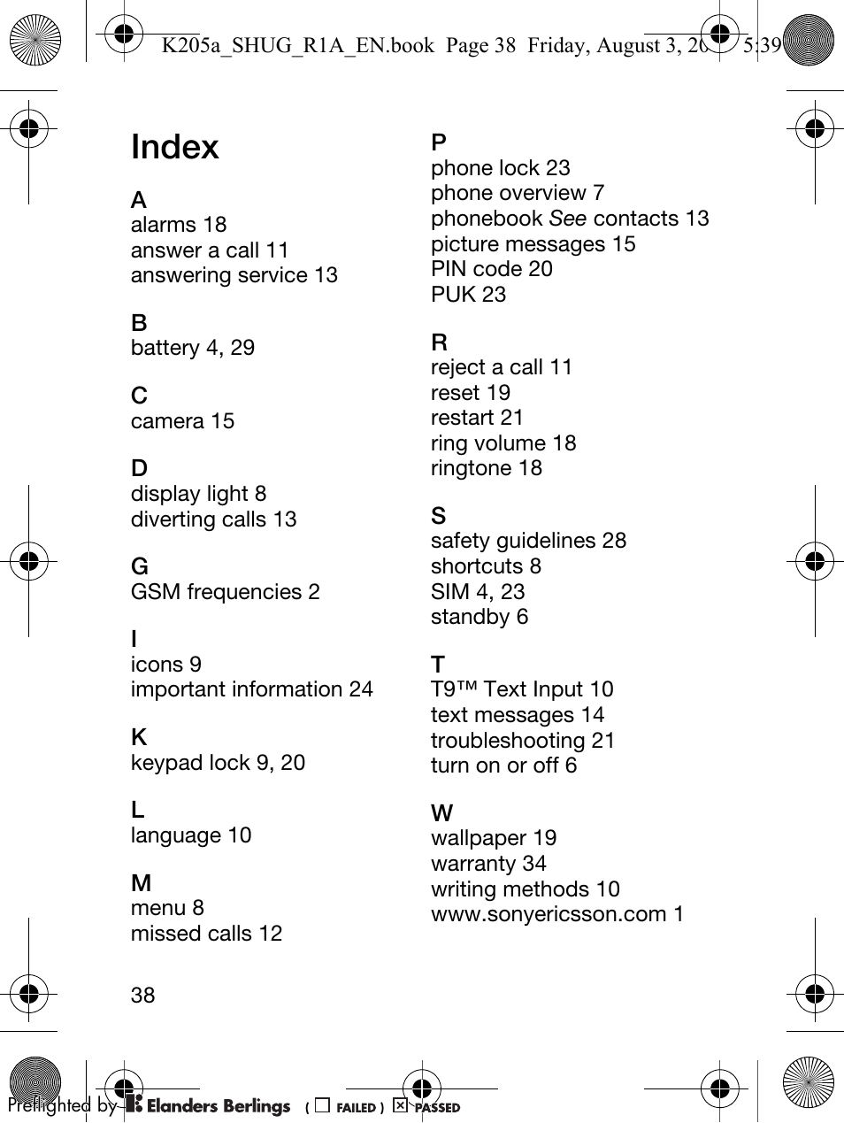 Index | Sony Ericsson K205 User Manual | Page 40 / 48