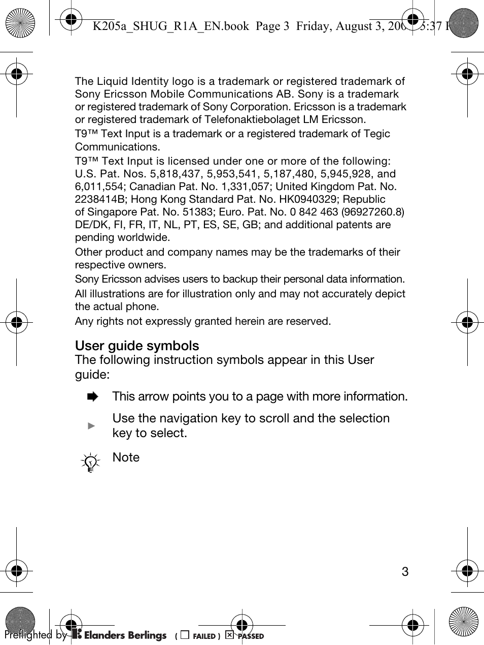 User guide symbols | Sony Ericsson K205 User Manual | Page 5 / 48