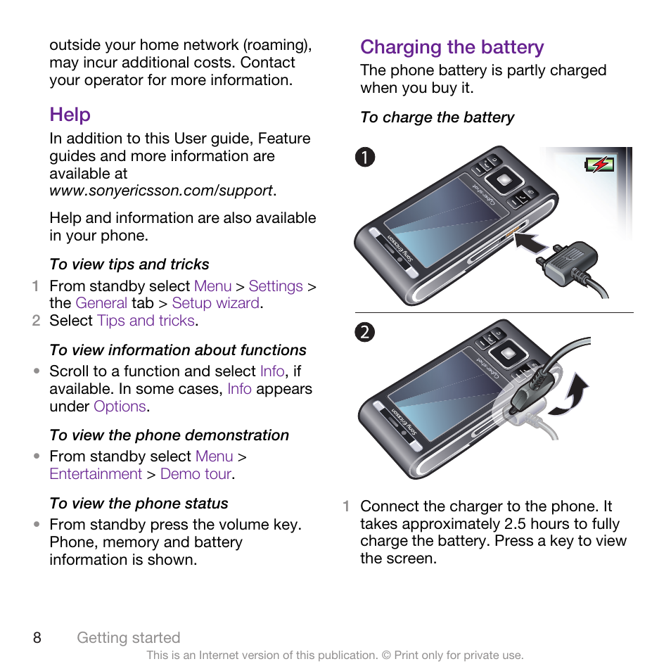 Help, Charging the battery, Help charging the battery | Sony Ericsson Cyber-shot C905 User Manual | Page 10 / 88