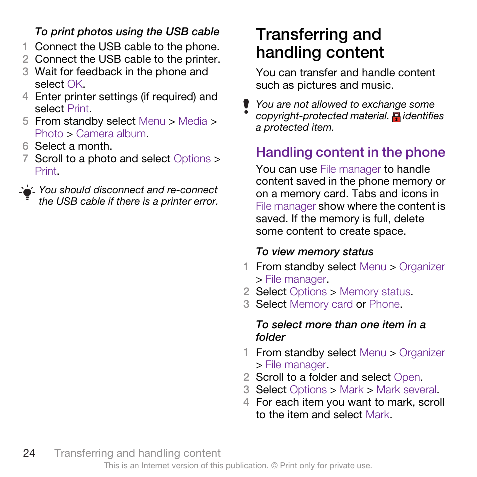 Transferring and handling content, Handling content in the phone, Transferring and | Handling content | Sony Ericsson Cyber-shot C905 User Manual | Page 26 / 88