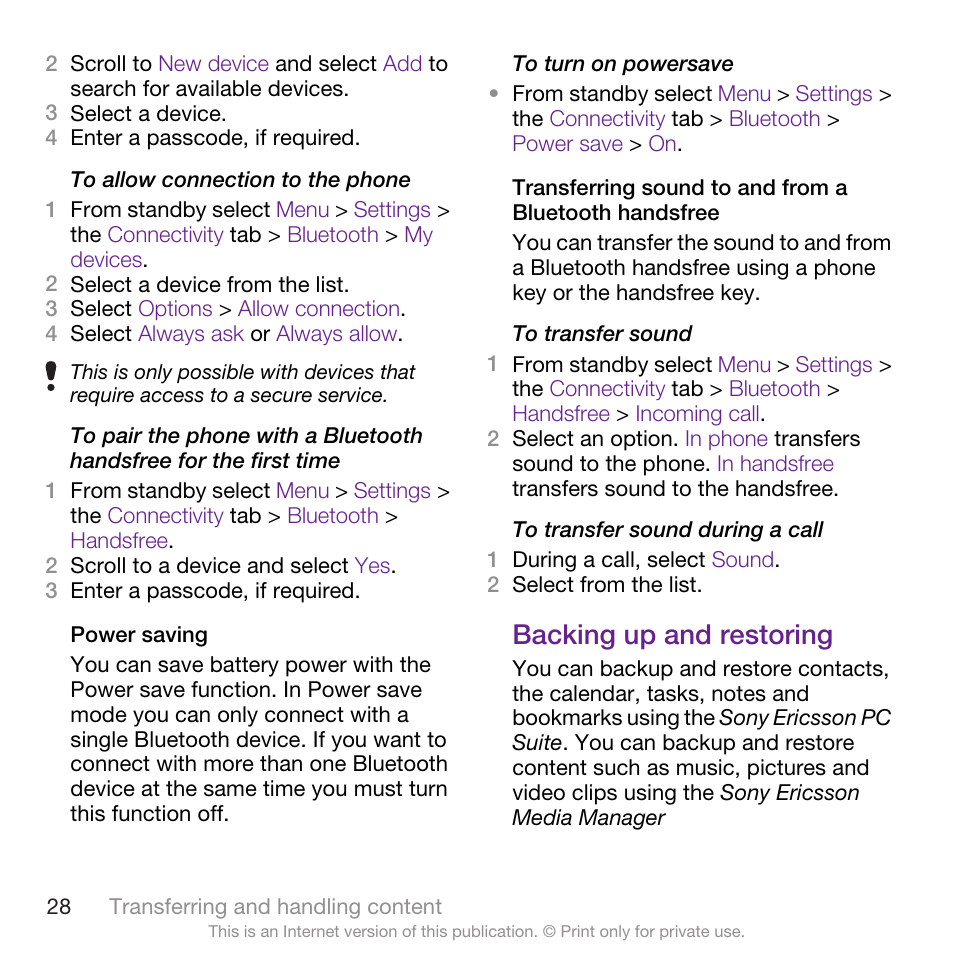 Backing up and restoring | Sony Ericsson Cyber-shot C905 User Manual | Page 30 / 88