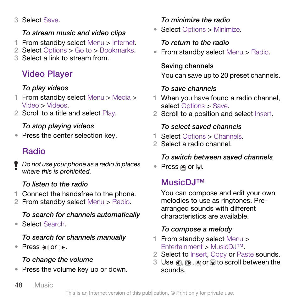 Video player, Radio, Musicdj | Video player radio musicdj | Sony Ericsson Cyber-shot C905 User Manual | Page 50 / 88