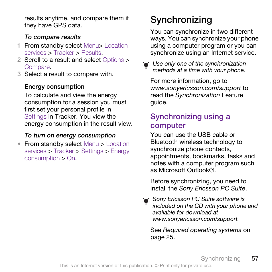 Synchronizing, Synchronizing using a computer | Sony Ericsson Cyber-shot C905 User Manual | Page 59 / 88