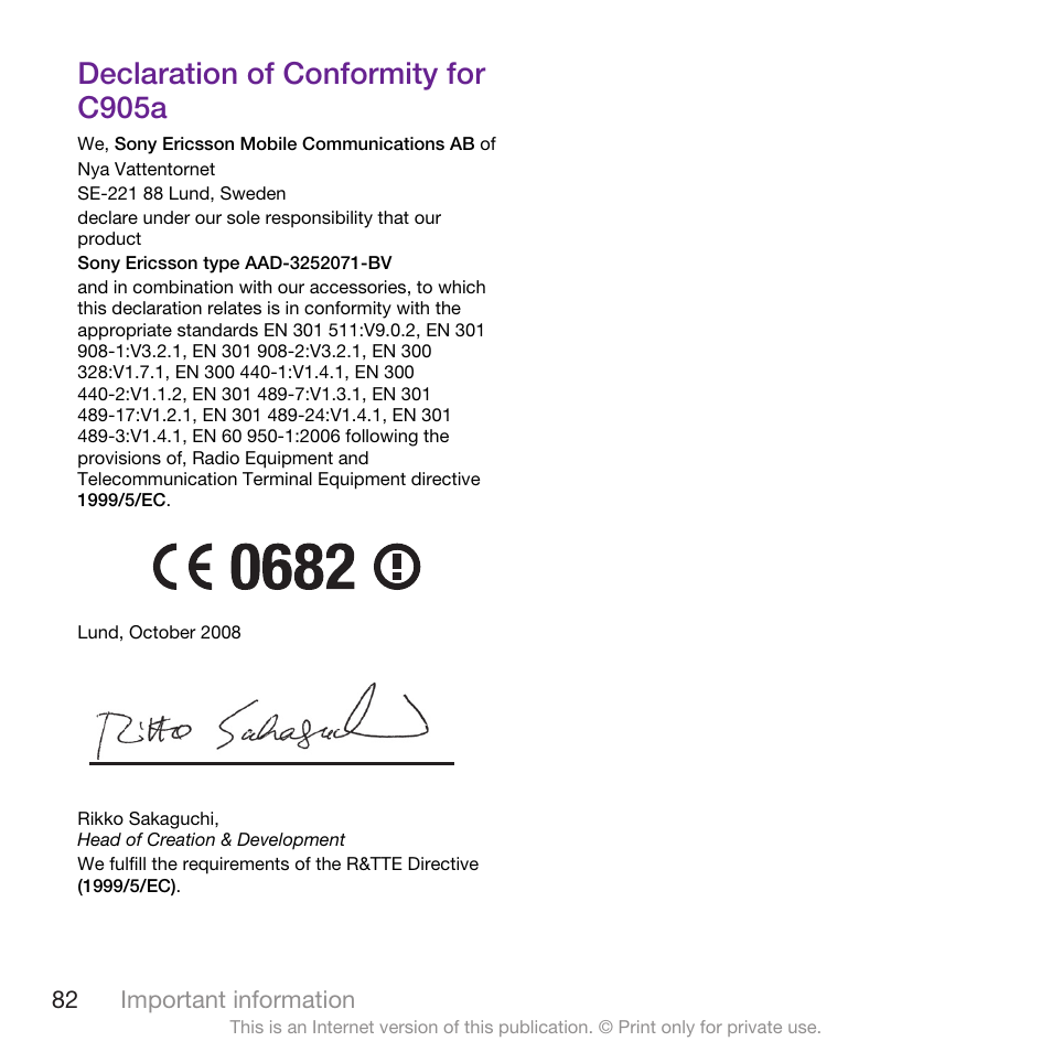 Declaration of conformity for c905a | Sony Ericsson Cyber-shot C905 User Manual | Page 84 / 88