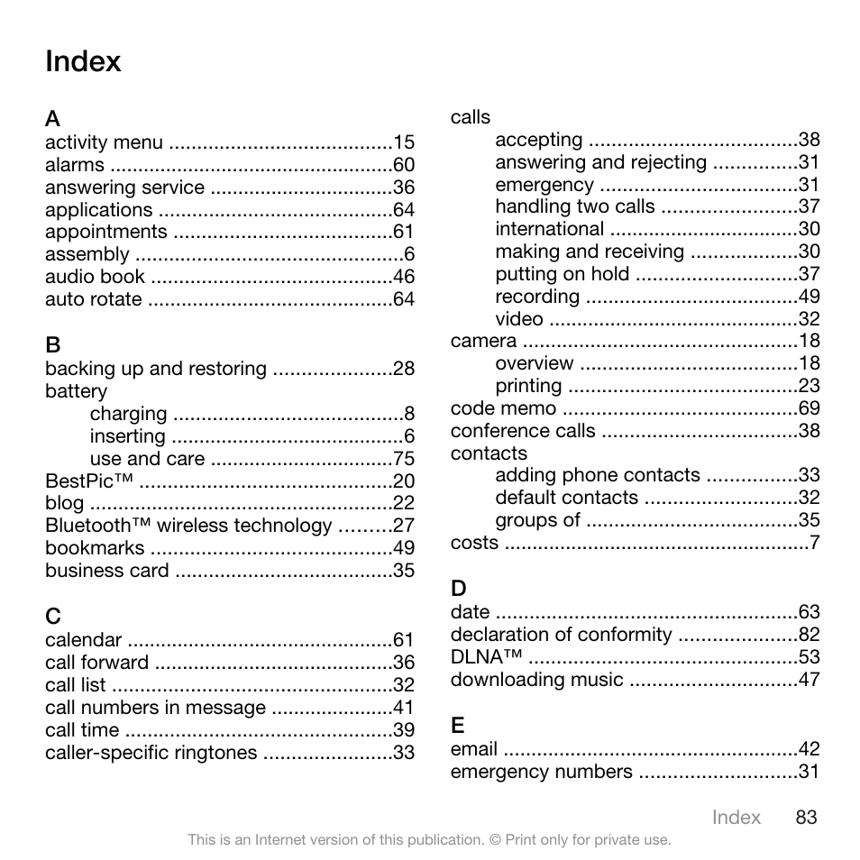 Index | Sony Ericsson Cyber-shot C905 User Manual | Page 85 / 88