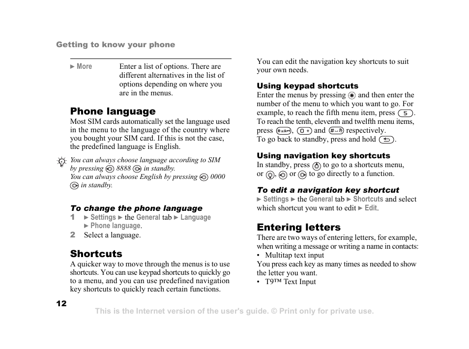 Phone language, Shortcuts, Entering letters | Sony Ericsson K750i User Manual | Page 12 / 92