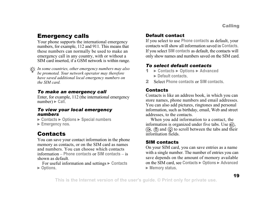 19 contacts. y, Emergency calls, Contacts | Sony Ericsson K750i User Manual | Page 19 / 92