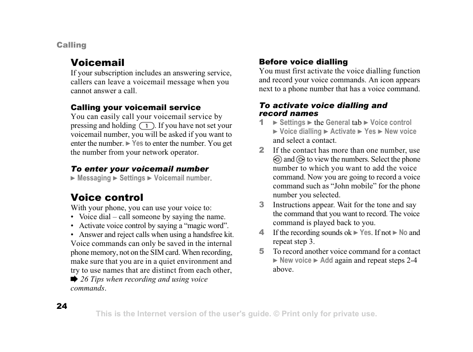 Your voice to make calls, 24 voice control, Voicemail | Voice control | Sony Ericsson K750i User Manual | Page 24 / 92