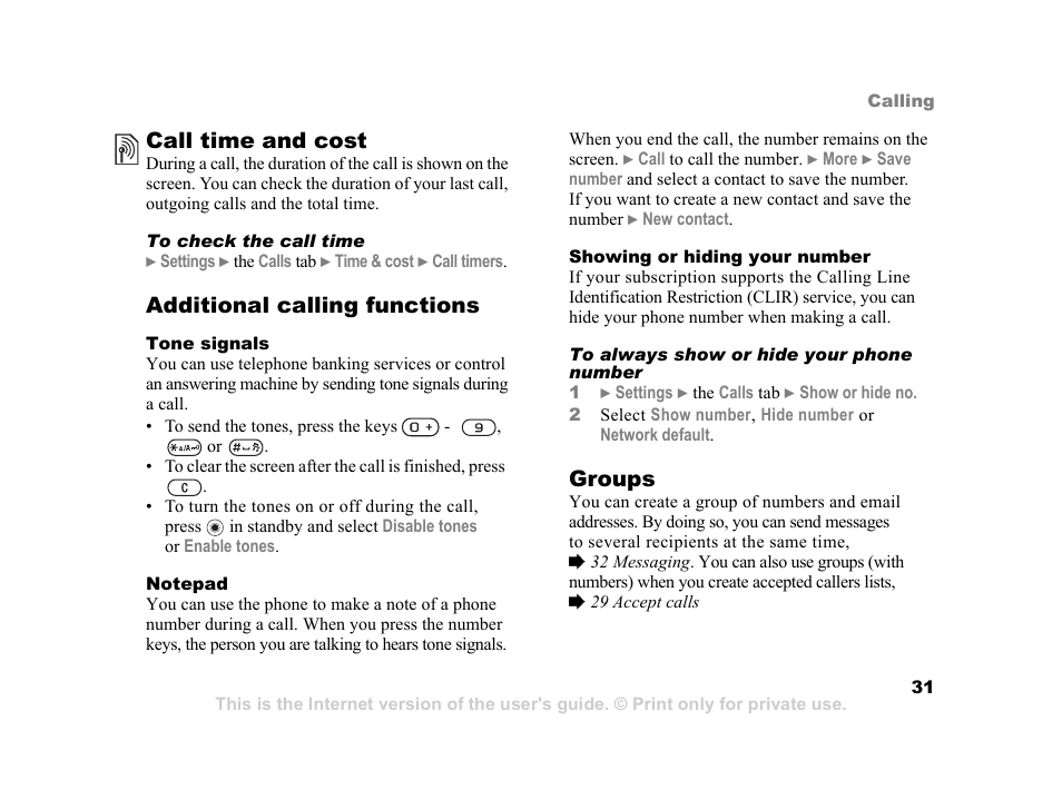 Call time and cost, Additional calling functions, Groups | Sony Ericsson K750i User Manual | Page 31 / 92