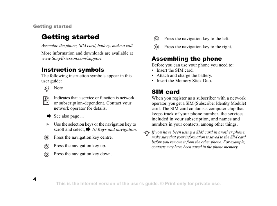 Getting started | Sony Ericsson K750i User Manual | Page 4 / 92