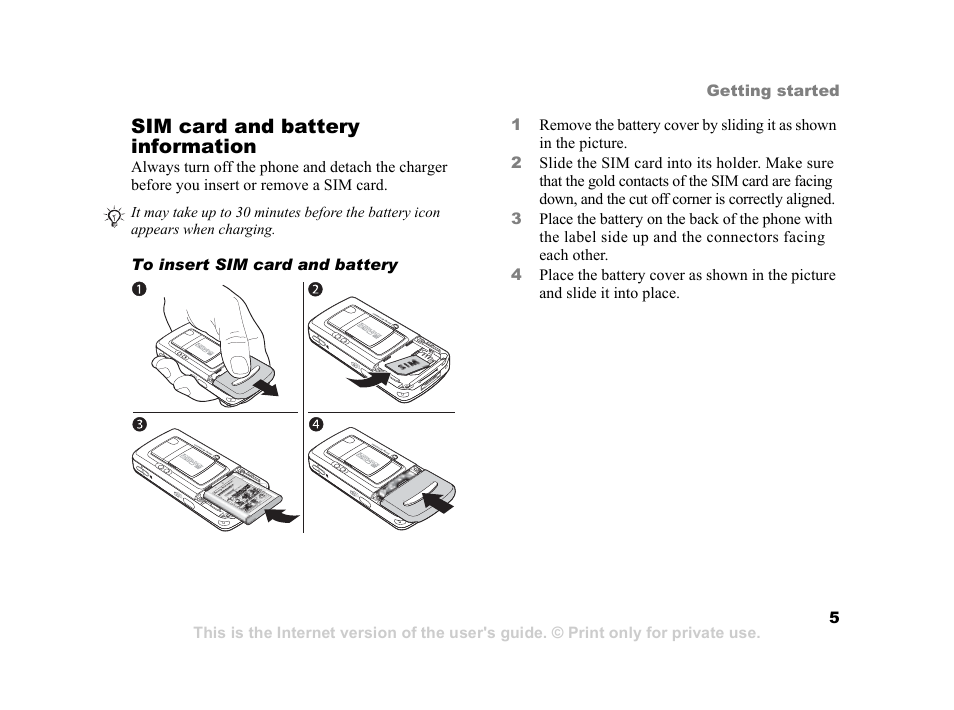 Sim card and battery information | Sony Ericsson K750i User Manual | Page 5 / 92