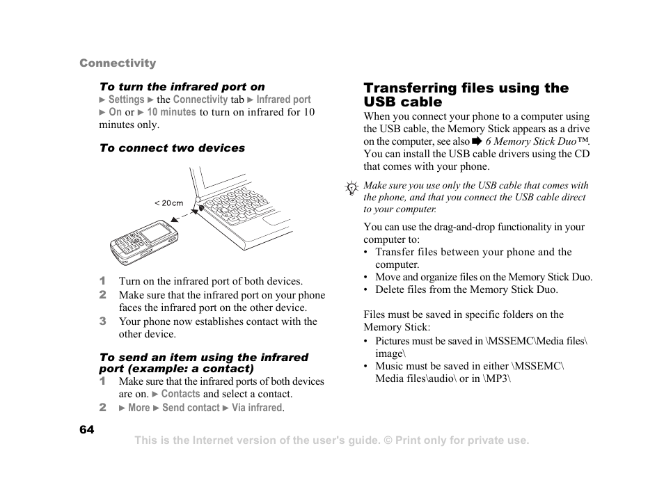 64 transferring files using the, Usb cable, 64 transferring | Files using the usb cable, Transferring files using the usb cable | Sony Ericsson K750i User Manual | Page 64 / 92