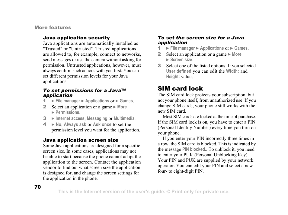 Sim card lock | Sony Ericsson K750i User Manual | Page 70 / 92