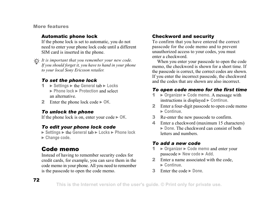 Sony Ericsson K750i User Manual | Page 72 / 92